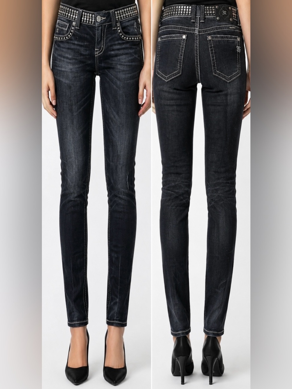 MISS ME Skinny Stretch Jeans in Washed Black with Studded Waist